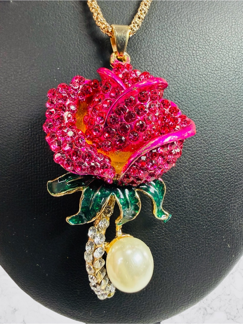 Pink Crystal Rose Pendant Necklace with Pearl Accent